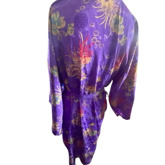 Shanghai Soho Purple Asian  Floral Patterned Silky Satin Robe Short Vibrant S/M - Picture 6 of 10